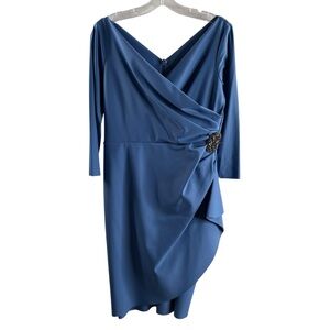 ALEX EVENING Elegant Blue Draped V-Neck Women's Formal Midi Dress $198